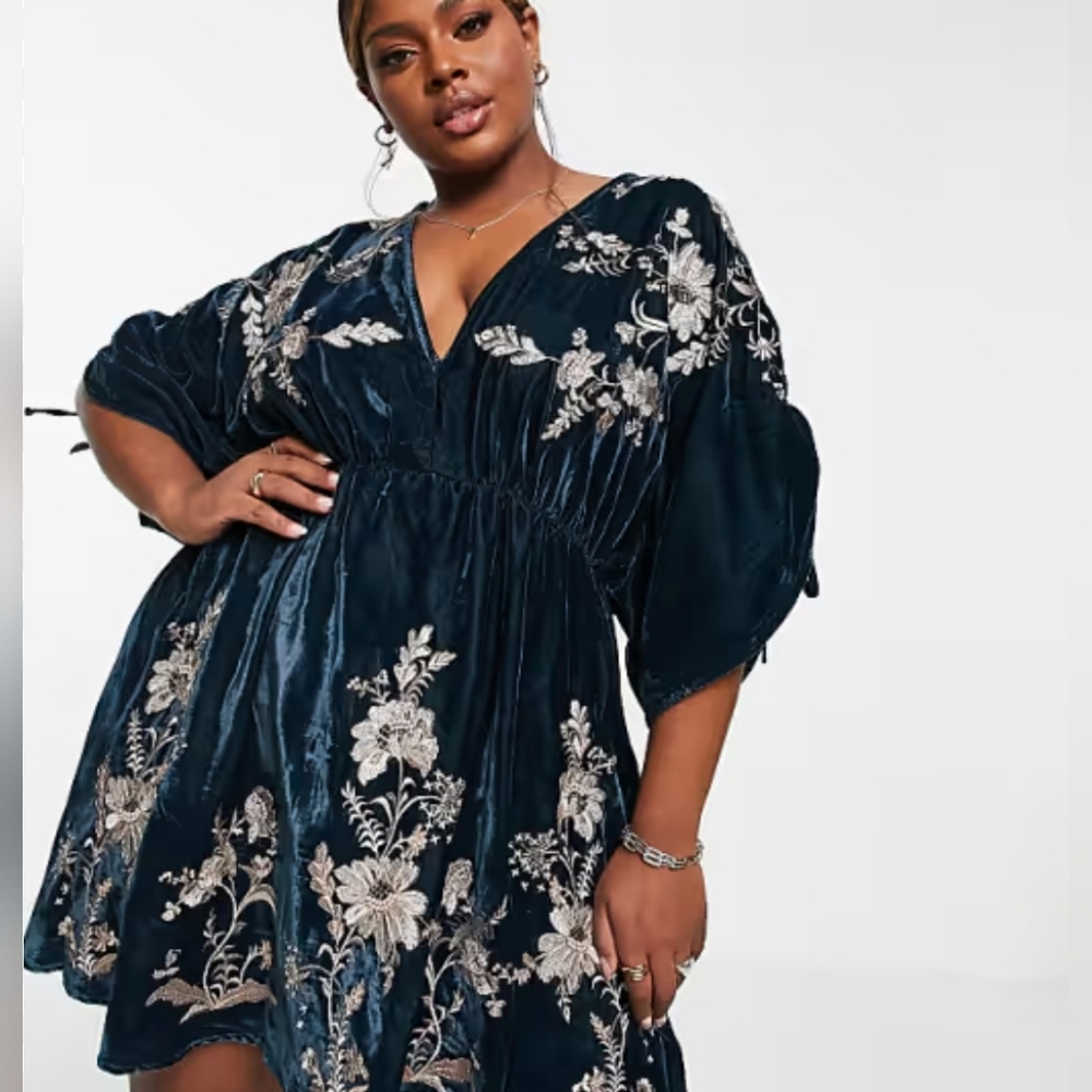 ASOS Design Curve Embroidered Navy Velvet Dress